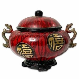 Vintage Red Asian Bowl With Brass Dragon Snake Type Handles